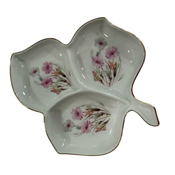 Vintage Coquette Mitterteich Bavaria Germany Dish Floral Leaf-Shape Tray 3 part - Picture 1 of 8